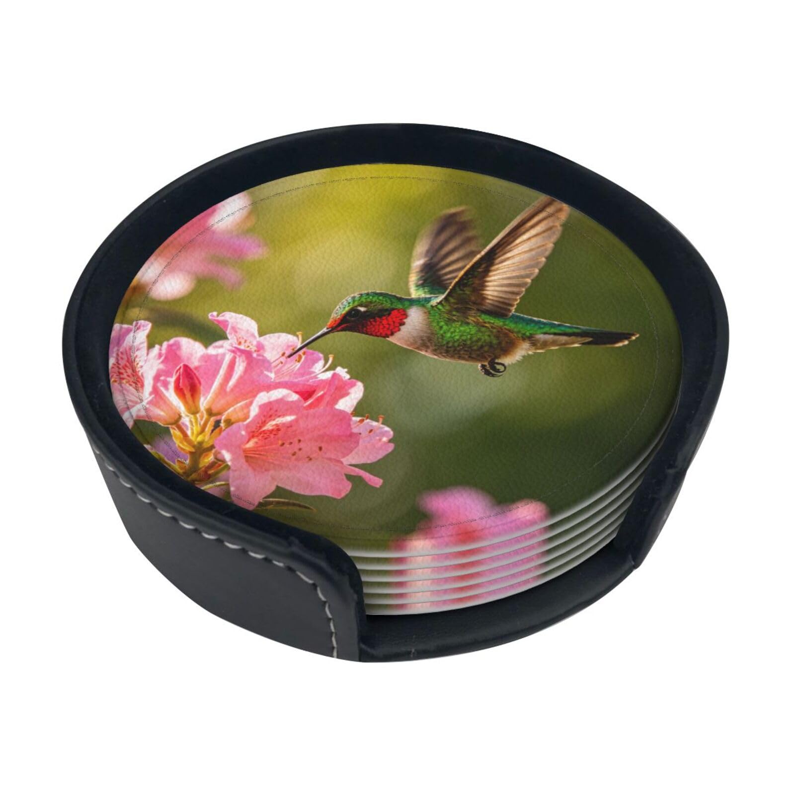 Green Hummingbird Leather Coasters-Set of 6 with Storage Holder
