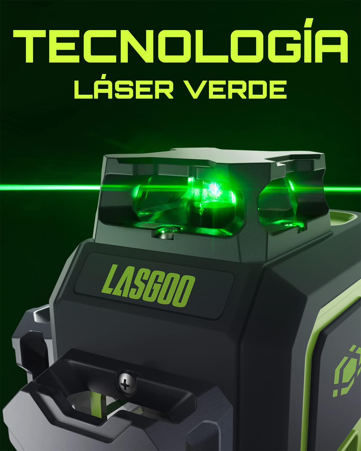 LasGoo Nivel Láser LG-3D Línea Autonivelante 3x360°, 3D con Rayos Verdes de Construcción y Alineación, 2 Baterías Recargables de Iones de Litio, Soporte Giratorio Elevable Magnético, Verde