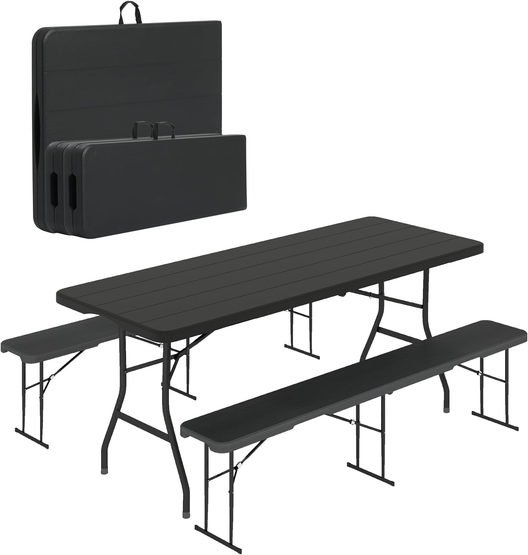 - 6 FT Black Picnic Folding Table Set with 2 Benches, Portable Patio Dining Sets for Backyard, Lawn, Event, Party, Camping
