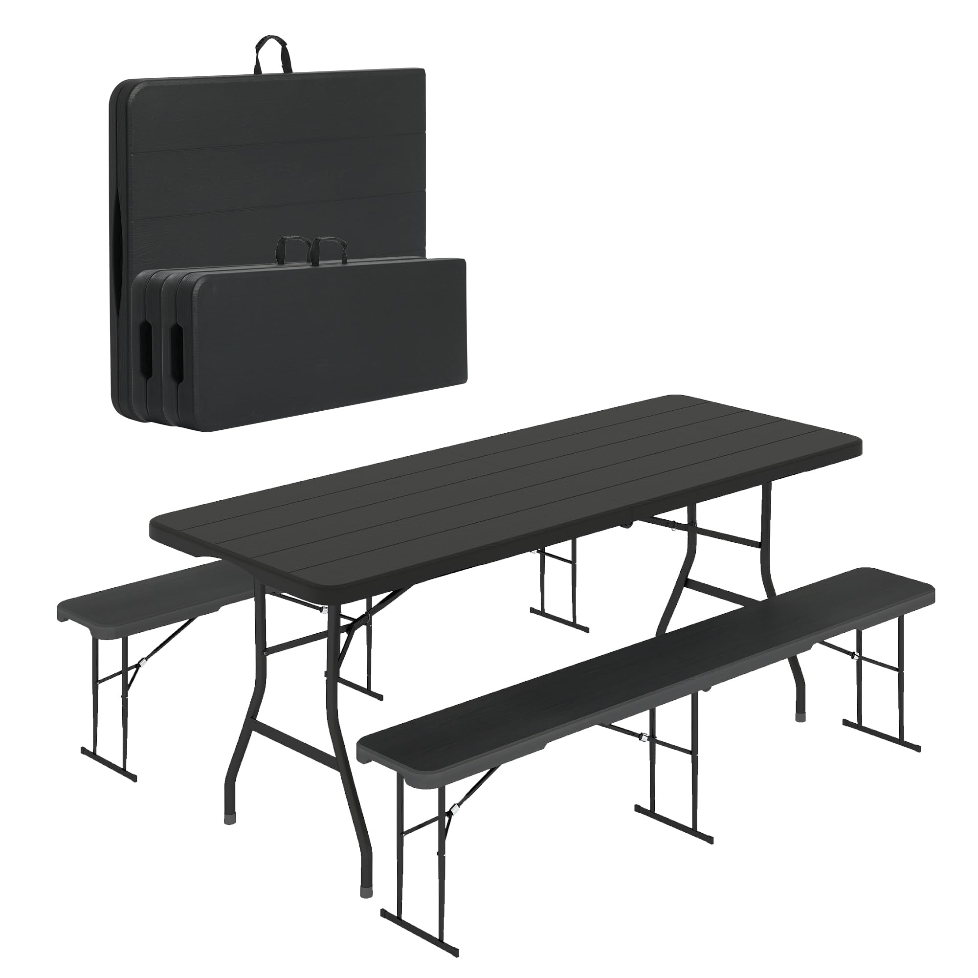 - 6 FT Black Picnic Folding Table Set with 2 Benches, Portable Patio Dining Sets for Backyard, Lawn, Event, Party, Camping