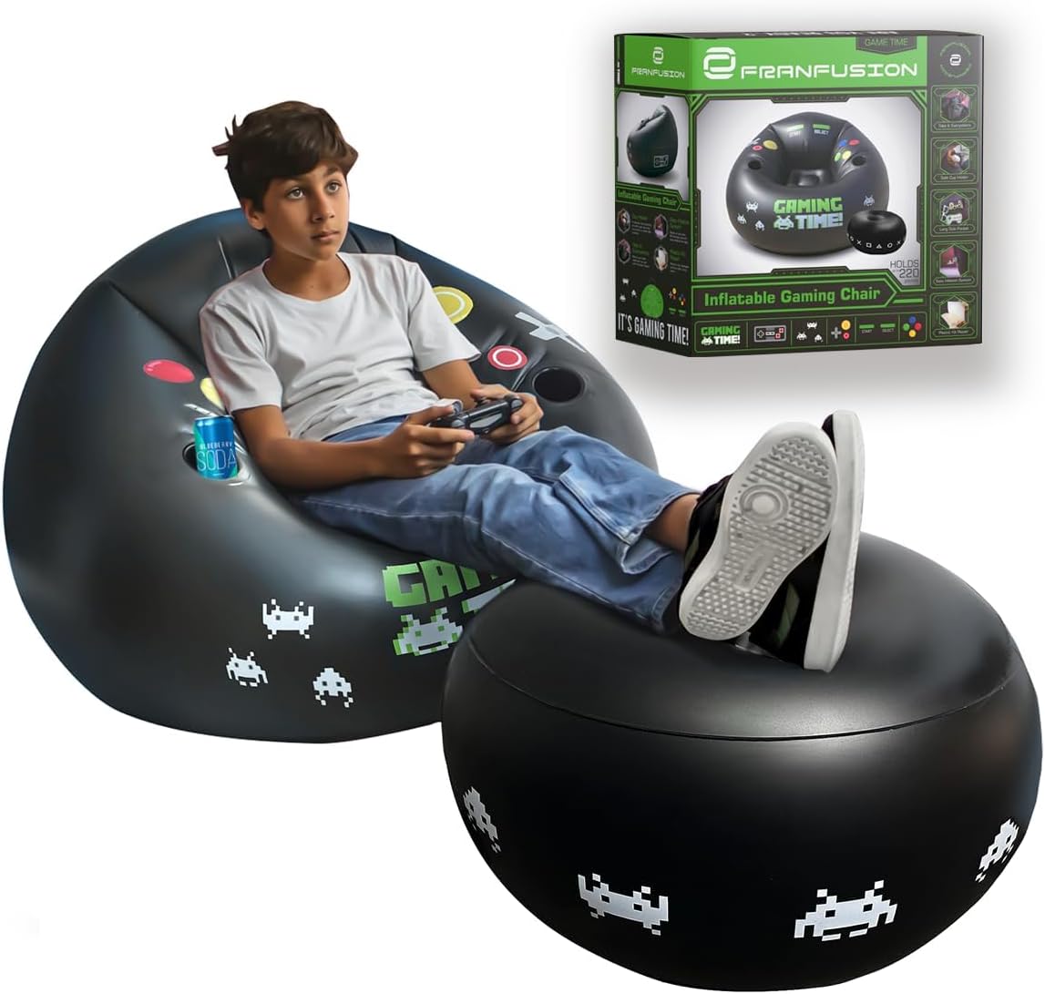 FranFusion Inflatable Gaming Chair for Kids & Teens with Cup Holders and Side Pocket – This Air Bean Bag Game Chair is The Perfect Furniture for Gamer Room Décor (Green Gaming Time with Ottoman)