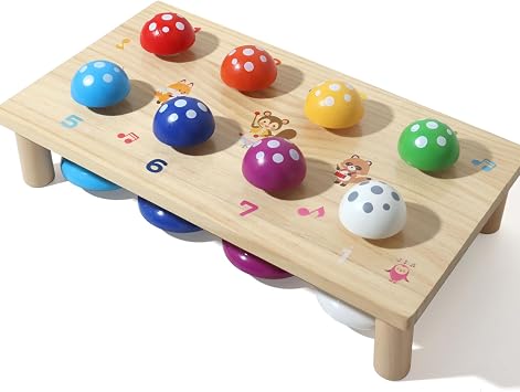 Wooden Mushroom Push Bell Toy, 8 Note Colorful Montessori Musical Toys for Toddlers, Sensory Development Hand Eye Coordination Learning Toy, Baby Musical Instrument Gift for 1 2 3 Year Old Boys Girls