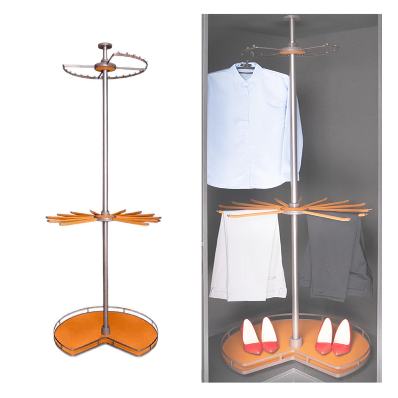Heavy Duty 360° Rotating Round Closet Rod,Cloakroom Corner Storage Organizer,Hanging Clothes Hanger Rack,60kg Load Capacity for Bedroom Living Rooms(Orange,1900-2100mm)