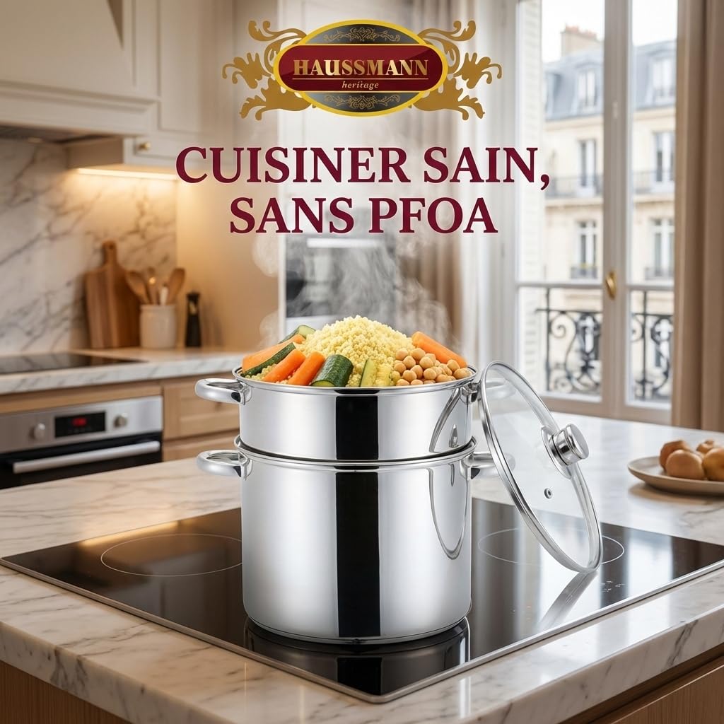 HAUSSMANN HERITAGE - Couscoussier Inox 14L (Ø 26cm) - Faitout 3 Pièces avec Panier Vapeur et Semoule - Triple Fond Induction et Lave-Vaisselle - Sans PFOA - Couvercle en Verre