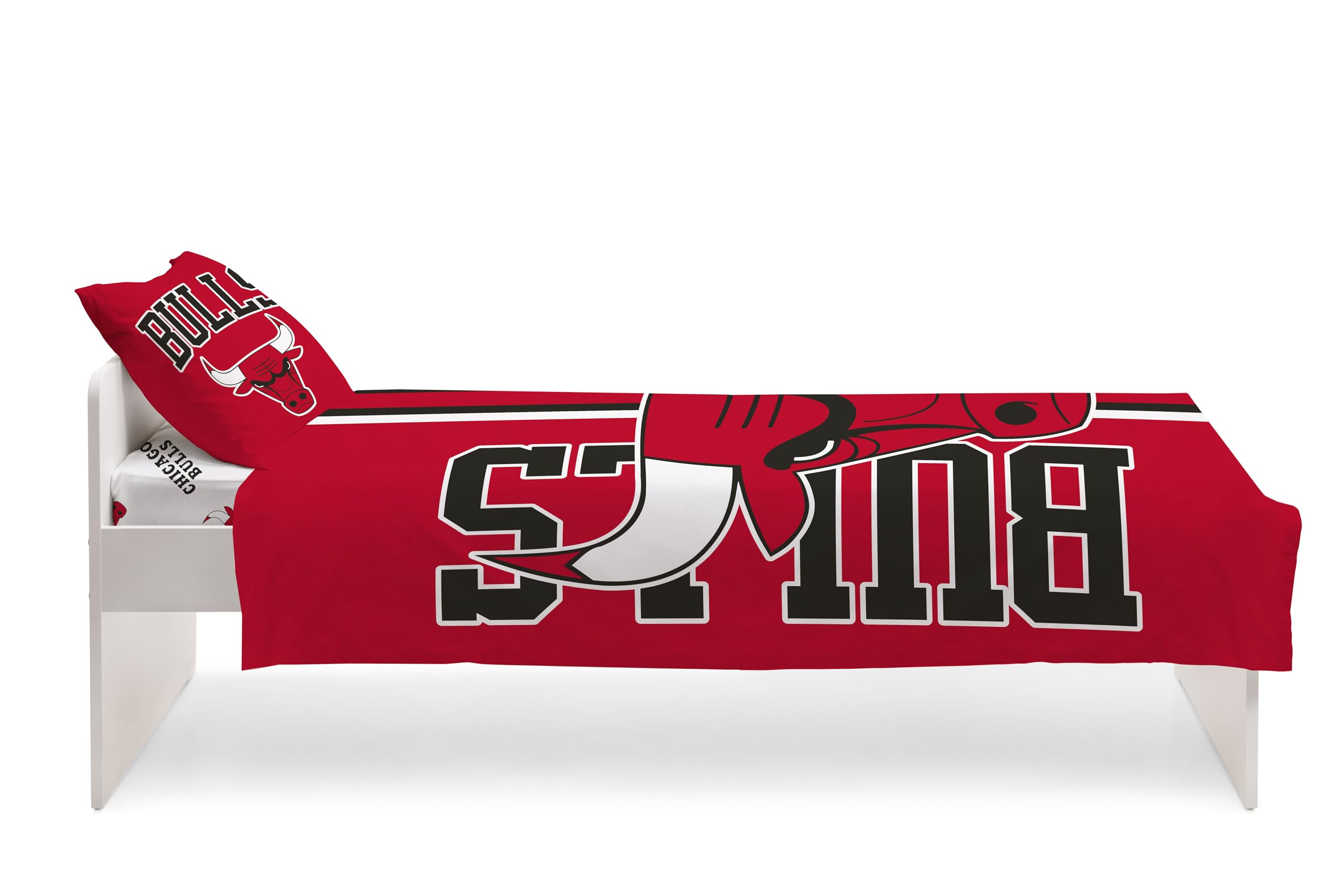 hermet NBA Bettwäsche-Set für Einzelbett, Bettlaken, Spannbetttuch, Kissenbezug, 100% Baumwolle, Bulls, offizielles Produkt