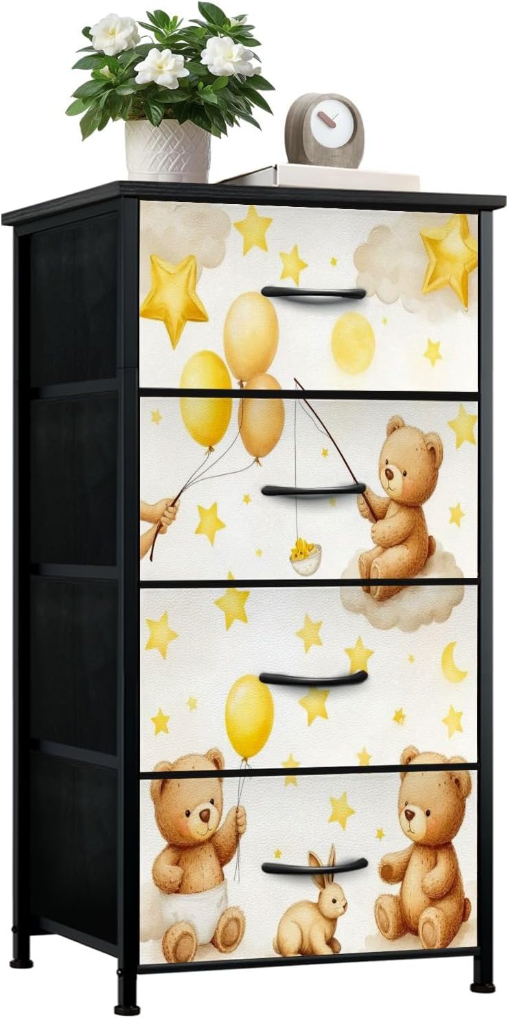 Dresser for Bedroom Dresser for Closet Bear Kids Cartoon Nursery Living Room Teddy Bears Balloons Nursery Dressers & Chests of Drawers Fabric Closet Organizers and Storage with 4 Drawers