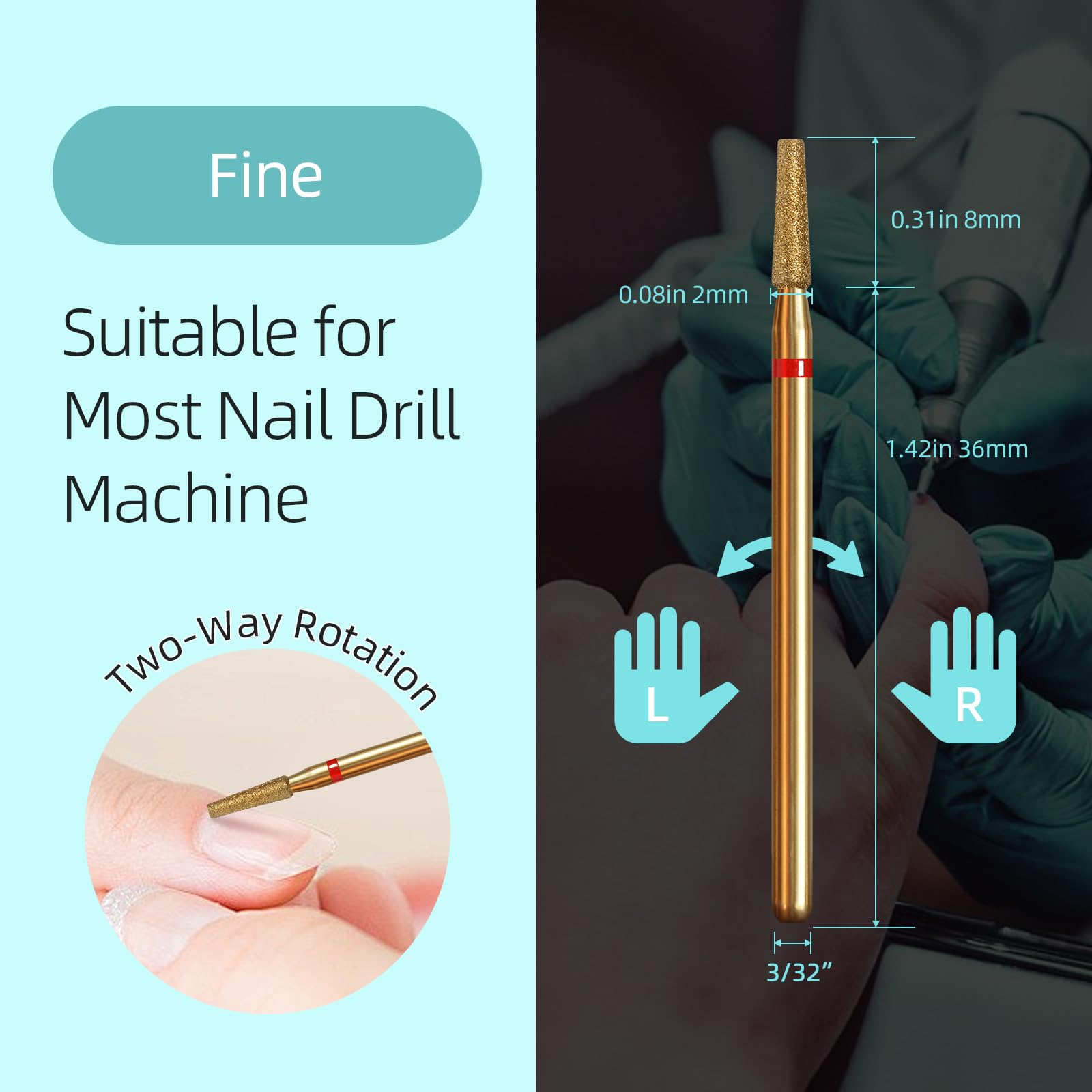 Nagelbohrer, 2 mm, konisch, Titan-Beschichtungsserie, russische Diamant-Nagel-Bits, professionelle Sicherheit unter Nagelhautreiniger, für abgestorbene Haut, Zubehör für elektrische Nägel, fein