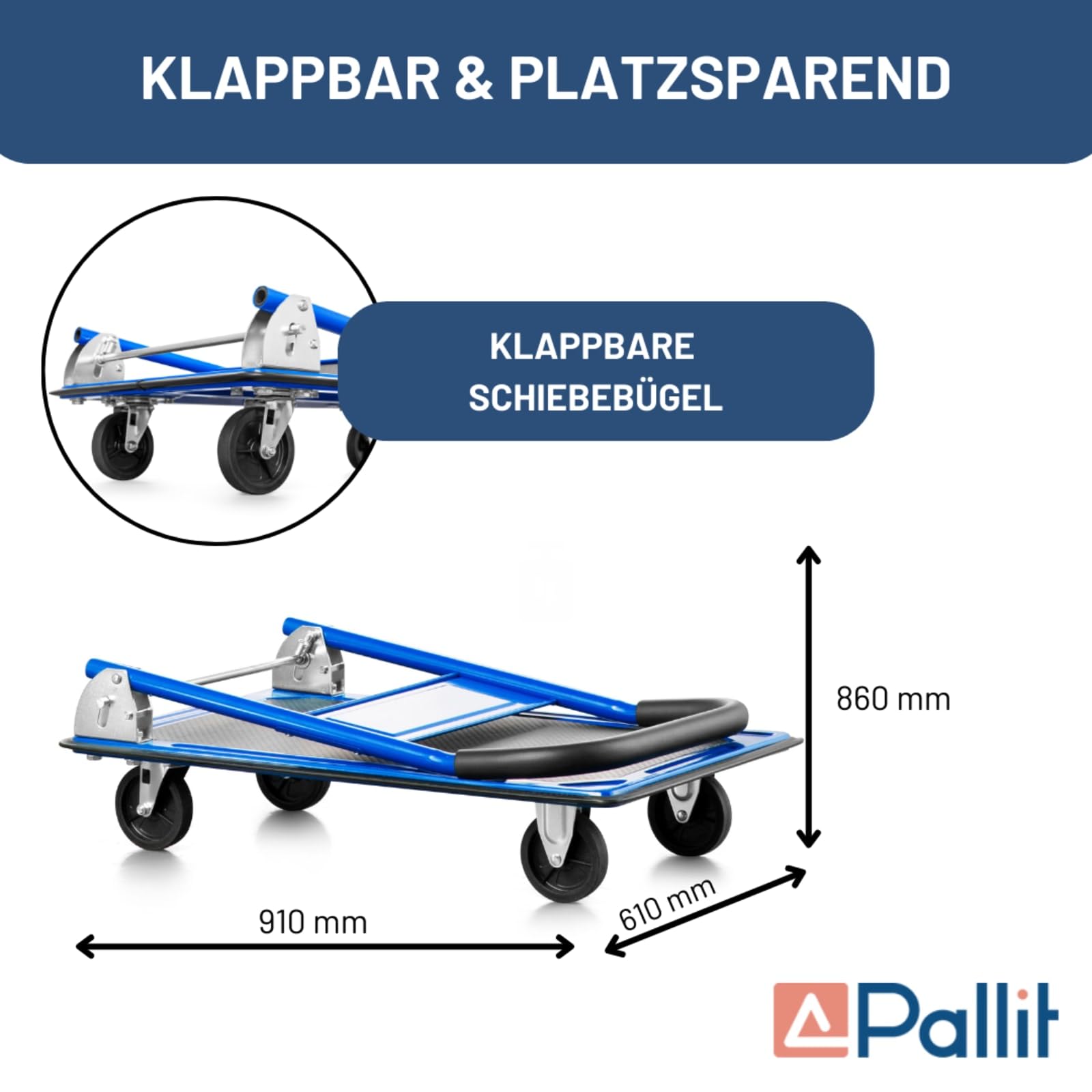 Pallit Carro de transporte plegable carretilla traspaleta manual en color azul, capacidad de carga de 300 kg, plegable, con revestimiento antideslizante, ayuda de transporte