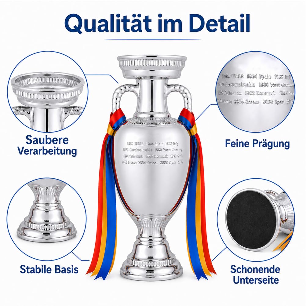 Europa Meister Pokal Replik aus Harz mit Galvanisiertem Silberlook | Fußballpokal Sammlerstück für Vitrine,Fanraum,Ideal als Sportandenken,Wohnaccessoire und Geschenk für Fußballfans und Sammler