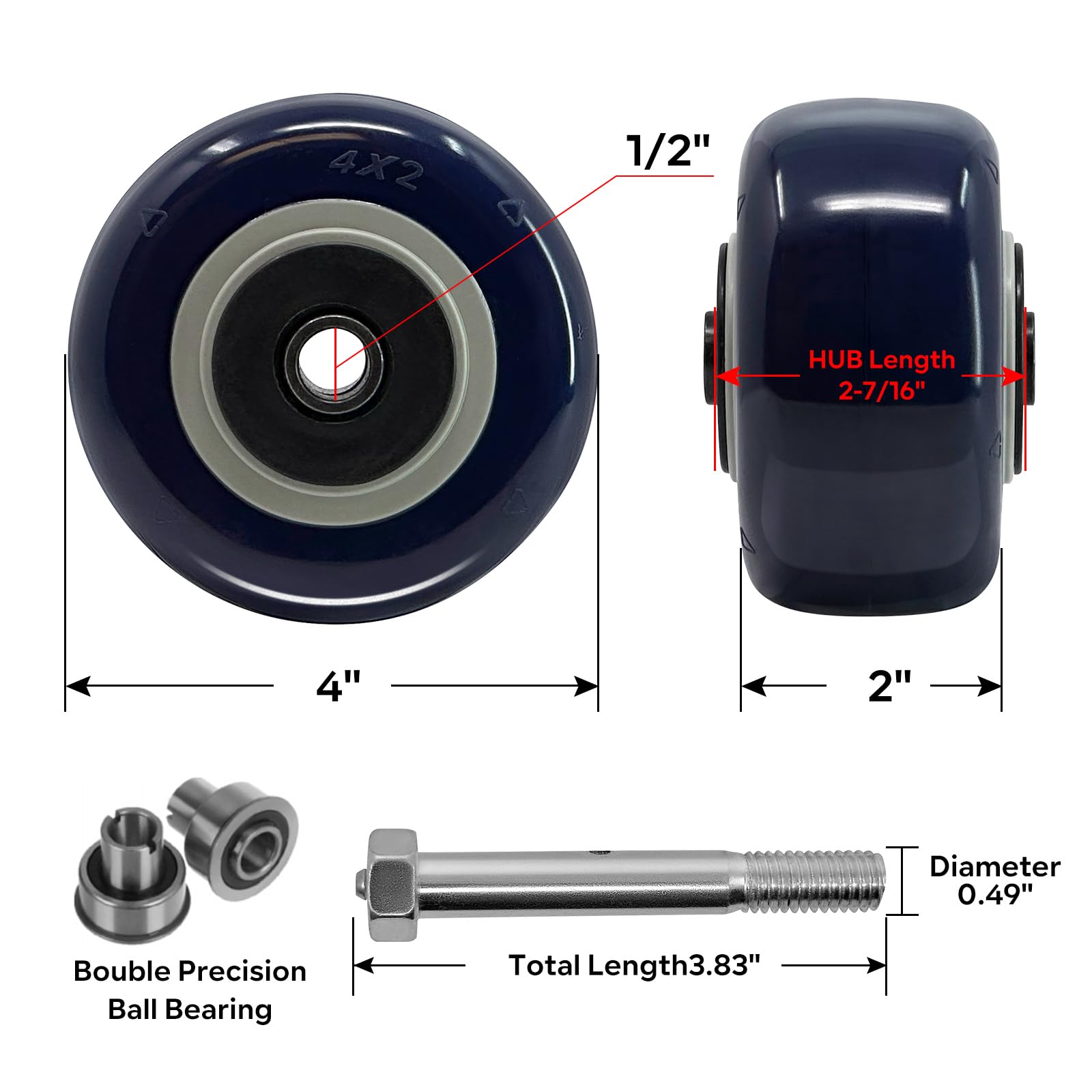 Ruote girevoli da 10,2 x 5,1 cm, in poliuretano di alta qualità su nucleo in polipropilene, foro da 1/2", cuscinetti a sfera di precisione, capacità 272 kg per ruota (confezione da 10)