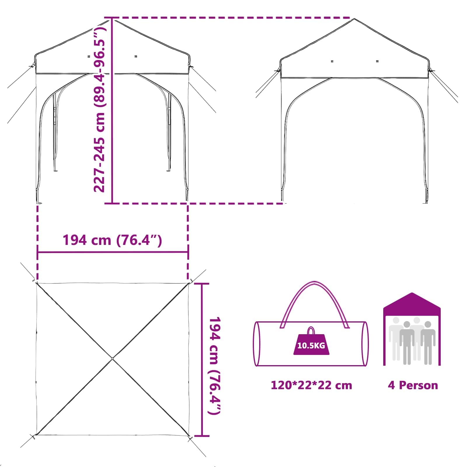 Namiot imprezowy Pop-up 194 x 194 x 245 cm, czarny, 210D Oxford, ze srebrną powłoką, torba do przenoszenia, regulacja wysokości, do pawilonu ogrodowego, tarasu, festiwalu, ochrona przed