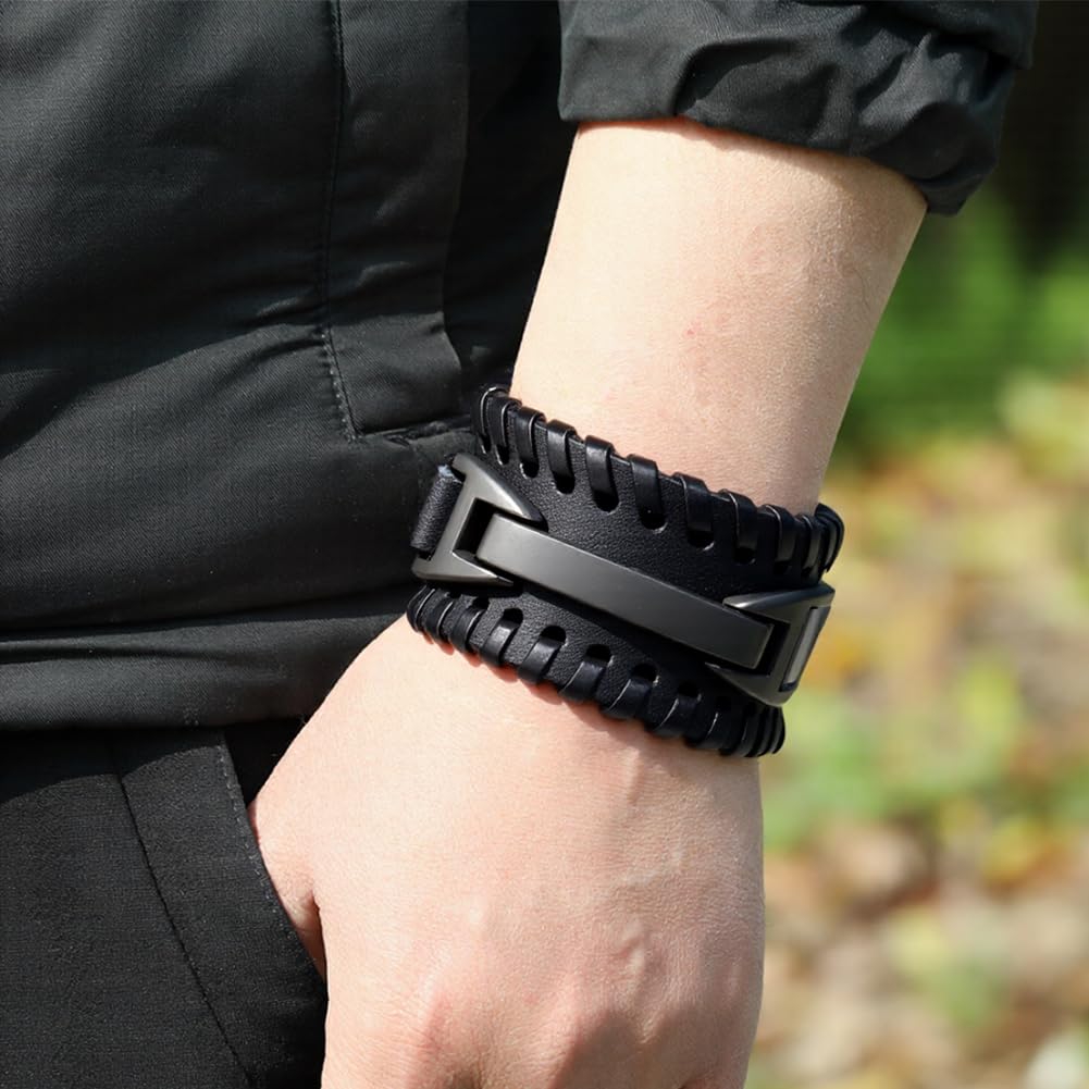 Bracelet Manchette Tressé En Cuir PU - Style Tribal Punk Rock - Taille Réglable, Noir, Unisexe - Cadeau Saint-Valentin