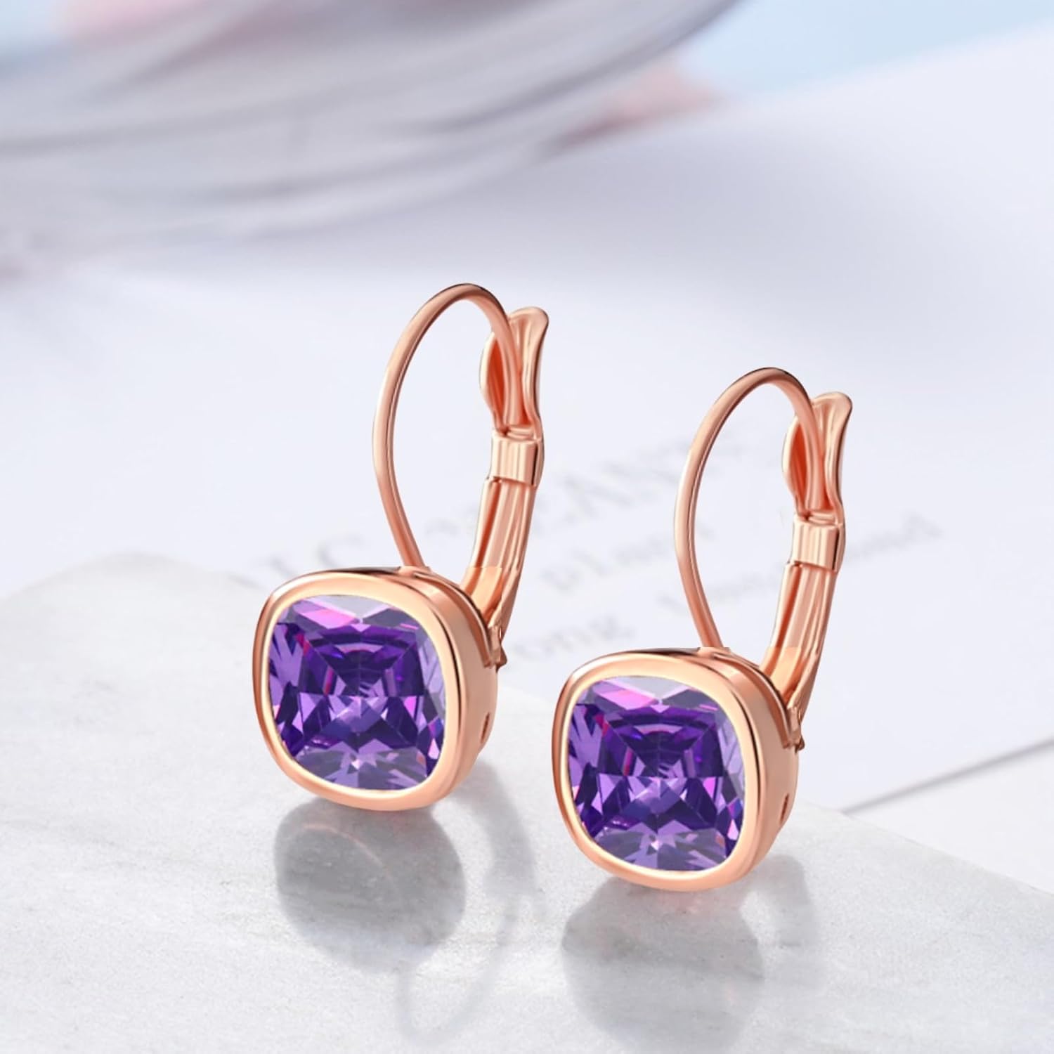 VONSSY Crystal Drop Dangle Rosegold Plated Earrings Leverback Hoop Hanging Square Zircon Jewelry Gift for Women Mother Wife - Image 3