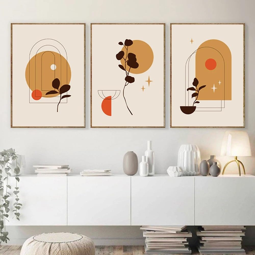 WUHBCZ Art Pictures-Boho Monstera Palm Leaf Wall Pictures Sun Moon Wall Posters Line Geometry Poster Abstract Art Painting Wall Living Room Kitchen Office Decor-50 * 70cm/3PCS (No Frame)