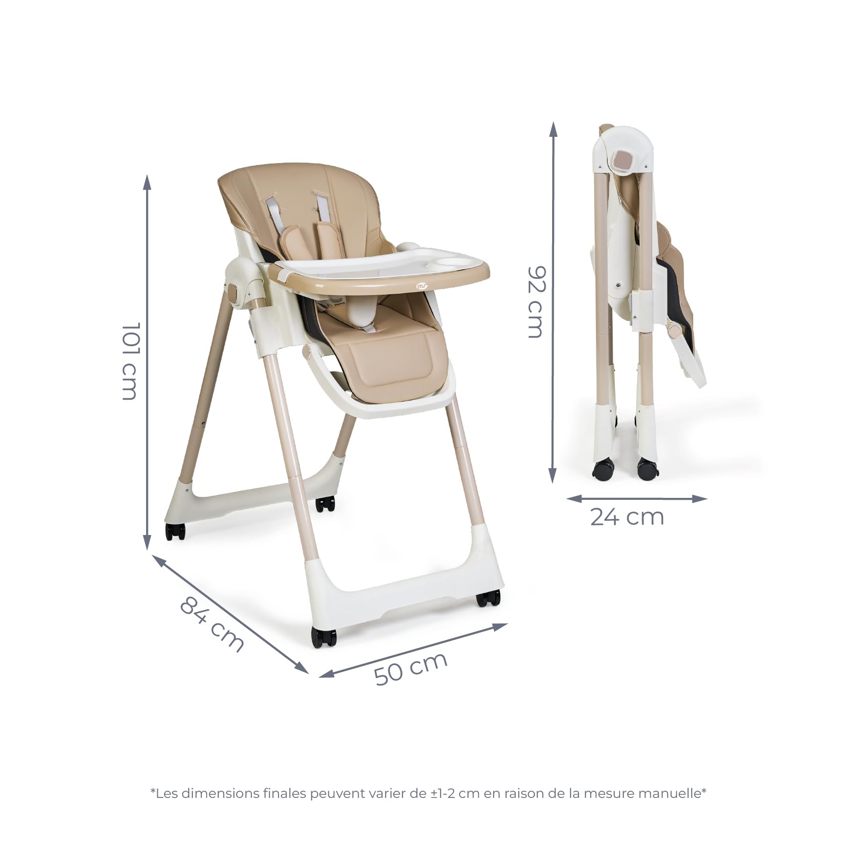 Ms BabyWorld - Chaise haute évolutive pour bébé Tasty | 7 positions de hauteur et 3 inclinaisons | Plateau amovible et repose-pieds réglable | Portable, pliable, jusqu’à 3 ans (Beige)