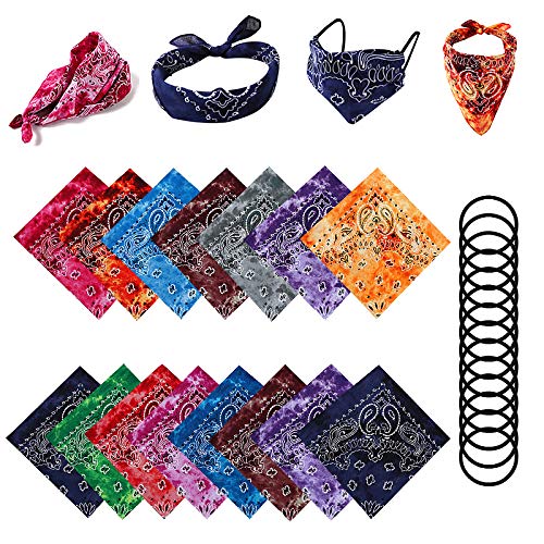 15 Pcs Tie Dye Bandanas 22 X 22'' 100% Cotton Novelty Double Sided Print Paisley Cowboy Bandana Party Favor Scarf Headband Handkerchiefs With 10 Elastic Hair Band Rope For Women And Men #TOP1