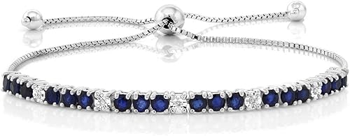 Gem Stone King Pulsera de tenis de plata de ley zafiro azul y diamante blanco joyería para mujer de 205 quilates totalmente ajustable hasta 9