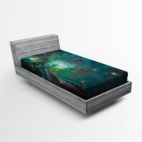 Ambesonne Sábana bajera espacial, Majestic Orion Nebulosa, polvo, nube, energía celestial, plasma, imagen de objetos astronómicos, funda de cama con