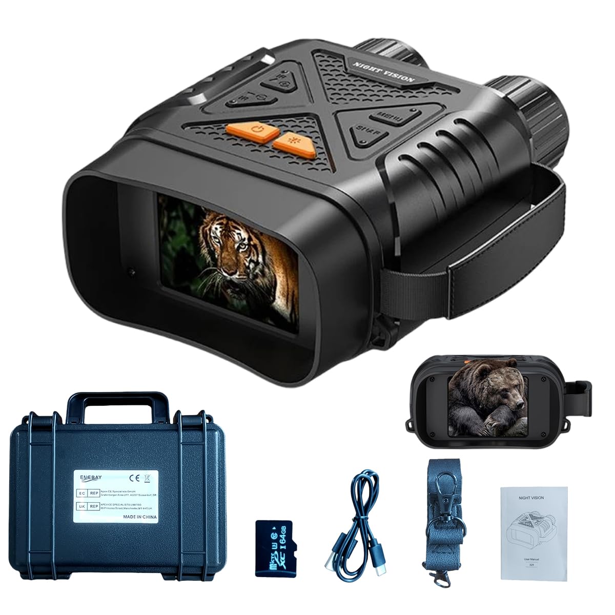EMEBAY Jumelles de Vision Nocturne 1080P avec Carte TF 64Go + Boîte Rigide, Zoom Numérique 10X, Portée Visuelle 800 M, écran IPS HD de 2.8”, Batterie Rechargeable, Lunettes Numériques