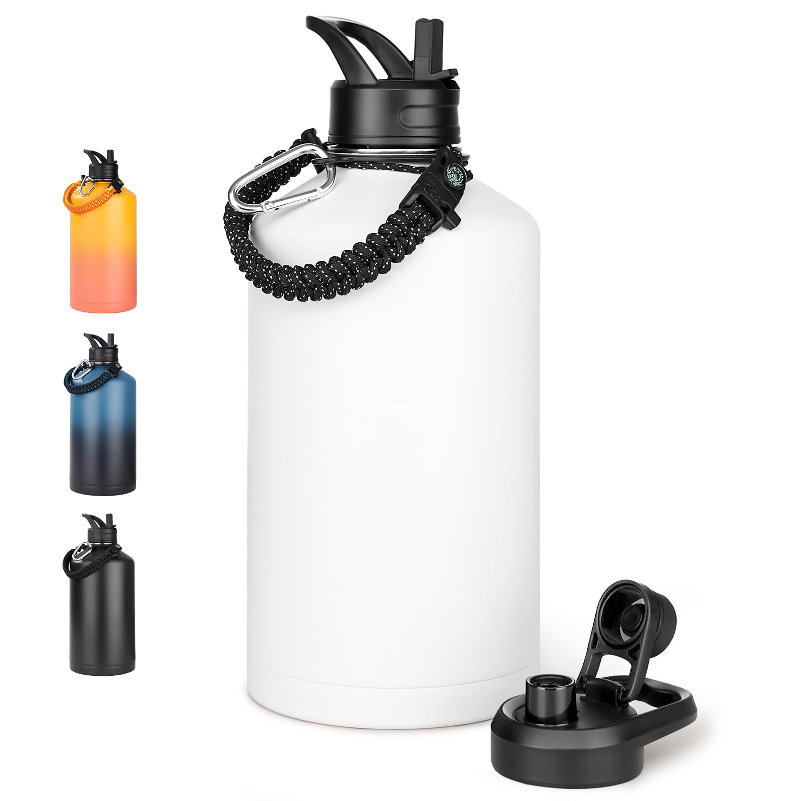 Fijinhom Gallon Water Bottle with 2 Lids (Straw & Spout), 304 Stainless Steel Water Jug with Handle and Wide Mouth, 1 Gallon Vacuum Double Walled Jug for Sports, Outdoors, Leak-Proof, White 128 oz