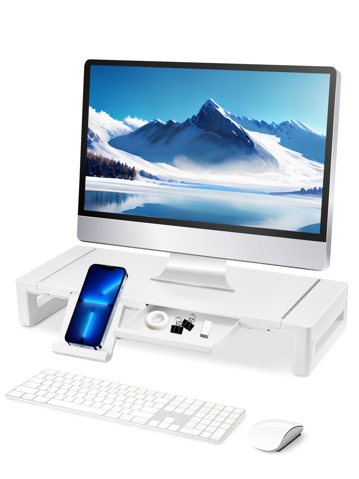 Holdfiturn Adjustable Computer Monitor Riser with Smartphone & Tablet Stand Holder, Foldable Width Stand for Laptop, Printer, Mesh Surface (White)