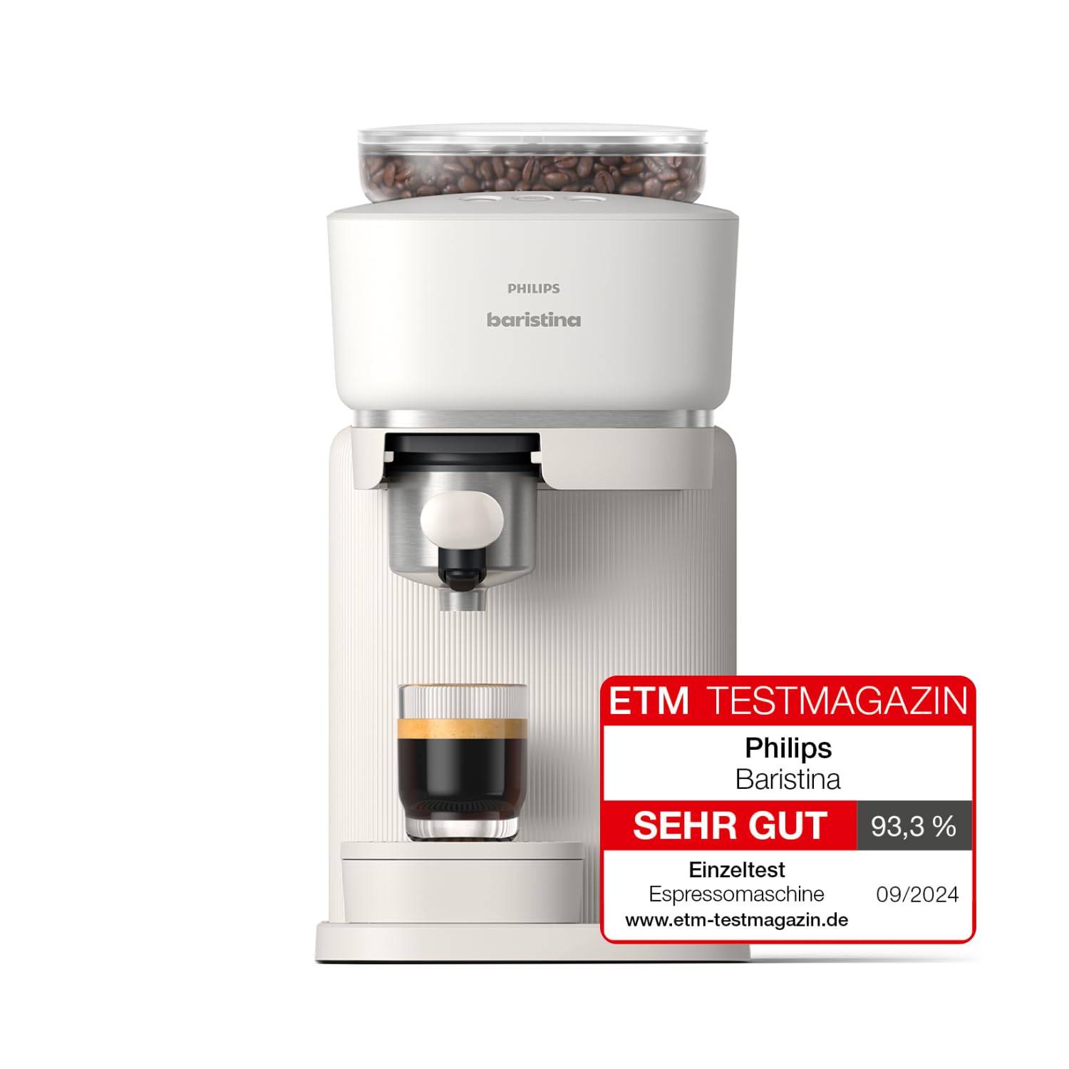 Philips Baristina Espressomaschine - Real Espresso, made simple. Kompakte Kaffeemaschine, Naturweiß mit naturweißem Siebträger, 16-bar-Pumpendruck, automatisches Mahlwerk, Cafe Crema (BAR300/00)