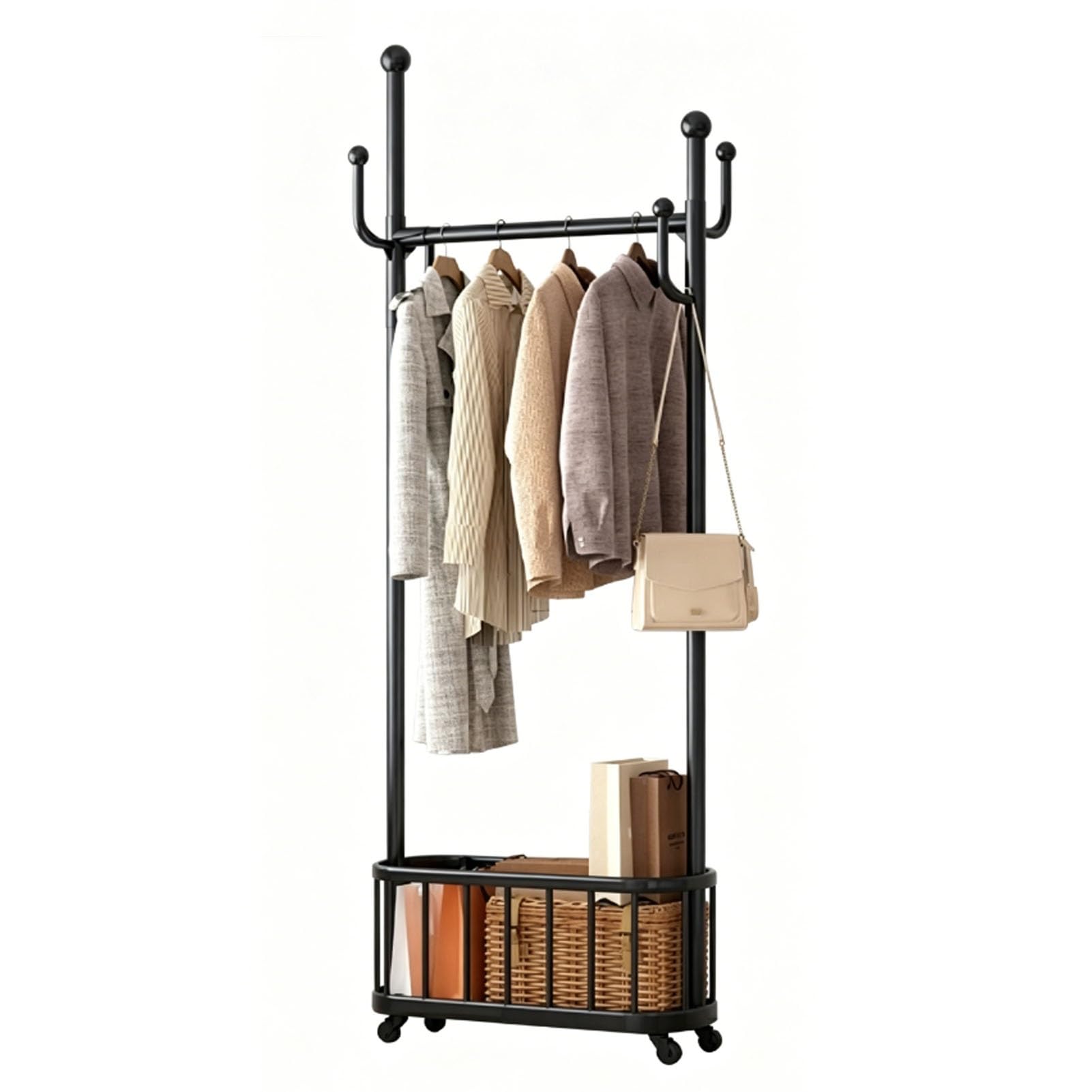 YAOHY Clothes Rack With Wheels, Portable Garment Rack with Storage Basket, Rolling Clothes Rack For Garment Rack for Bedroom, Laundry Room(Black,23.6in/60cm)