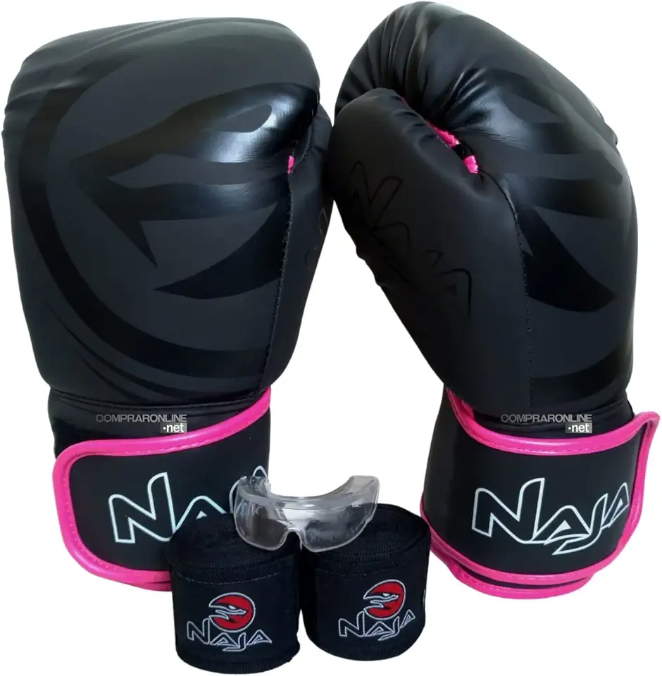 Kit Boxe Muay Thai Naja 12 Oz Feminino Luva Bandagem Bucal Bolsa Rosa Meninas