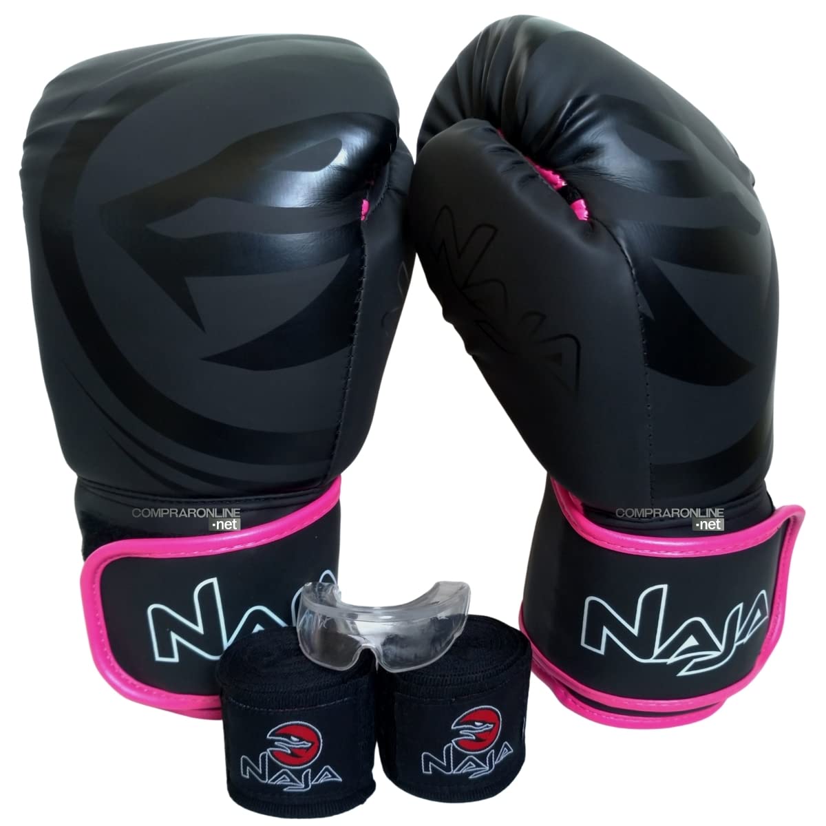 Luva de Boxe e Muay Thai Naja Black Line + Bandagem + Protetor Bucal + Bolsa (14oz, Rosa)
