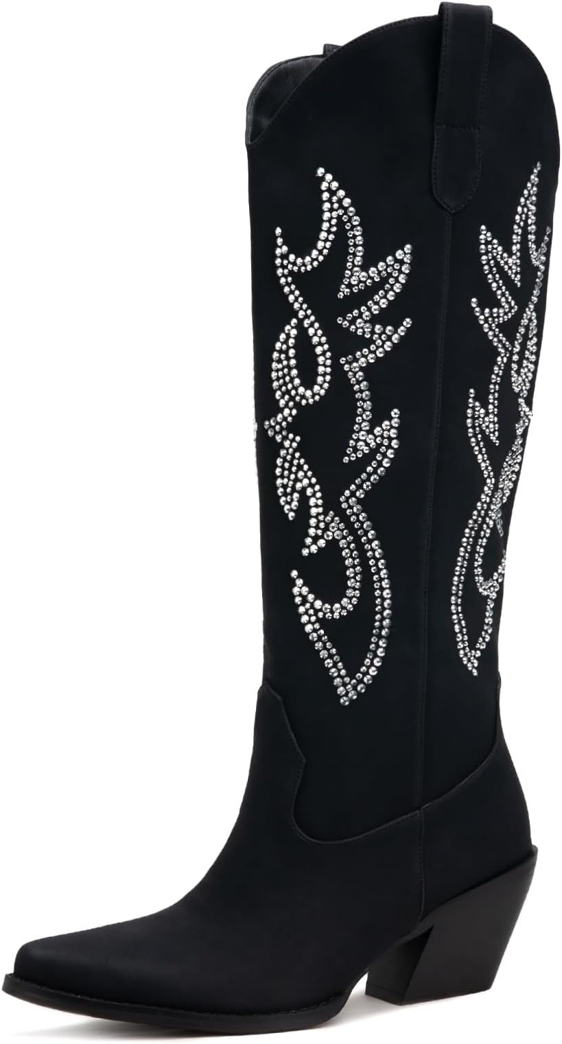 Pasuot Western Cowboy Boots for Women - Knee High Wide Calf Cowgirl Boots with Side Zip and Embroidered, Pointed Toe Chunky Heel Fashion Retro Classic Tall Boot Pull On for Girls Ladies Fall Winter