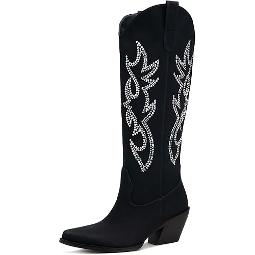 Pasuot Western Cowboy Boots for Women - Knee High Wide Calf Cowgirl Boots with Classic Embroidered, Slip On Pointed Toe Chunky Heel Fashion Retro Classic Pull On Tall Boot for Girls Ladies Fall Winter