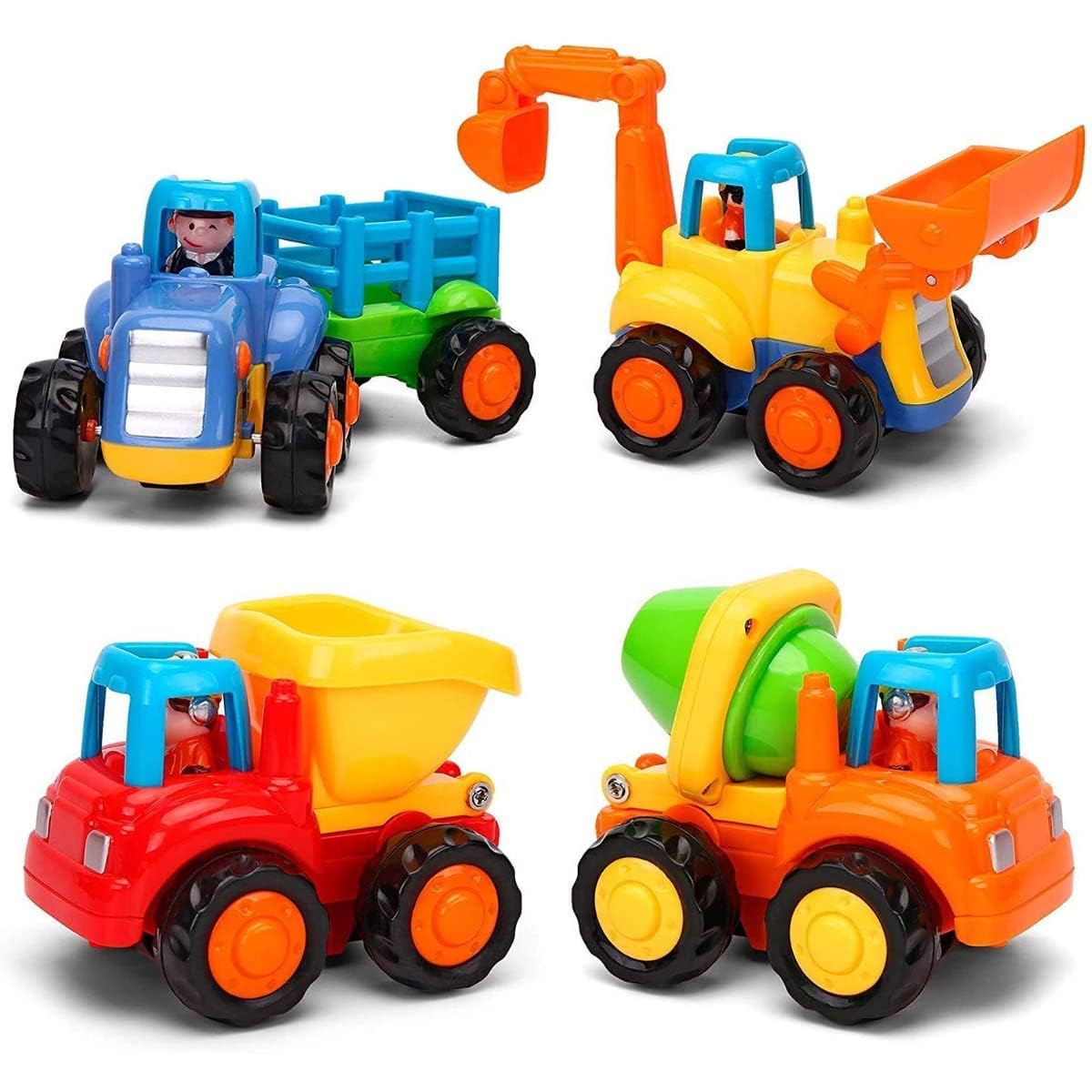 Bluebell Automobile Unbreakable Friction Cars Construction Tractor, Bulldozer, Cement Mixer Truck, Dumper for 1, 2, 3, Year Old Boy Girl Toddler Baby Kid Gift (Pack of 4; Multicolor)
