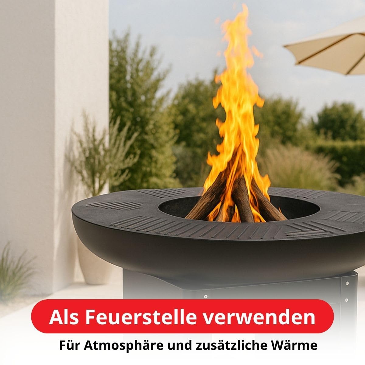 BBQ Collection 3-in-1 Feuerschale mit Grillrost - Feuerkorb 61 x 90 cm - Outdoor Küche mit Teppanyaki und BBQ Grillplatte - Plancha BBQ mit Holzlagerplatz - Gartenkamin für Außen - Metall