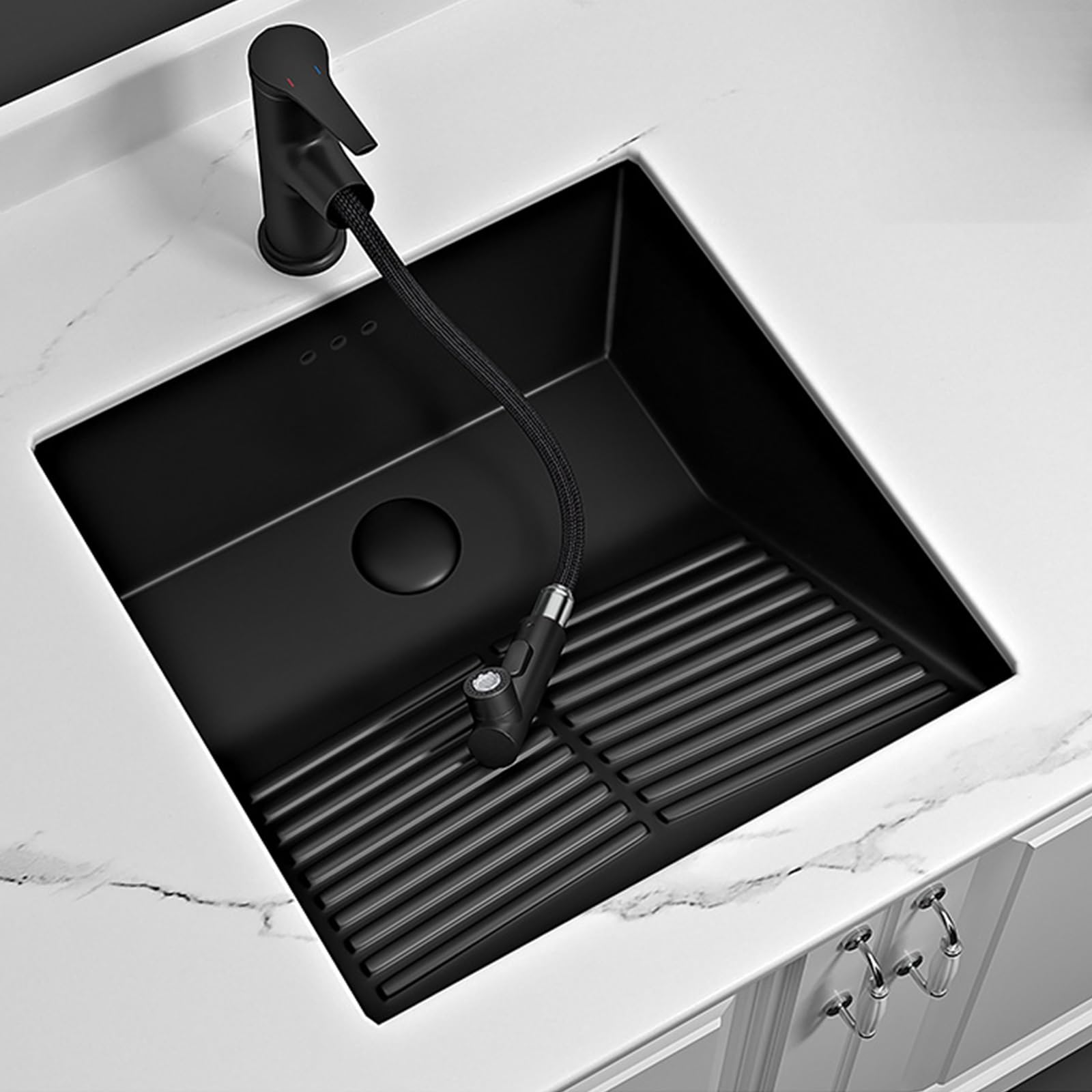 Fregadero de baño de cerámica negra con lavabo, diseño cuadrado, completo con grifo negro y juego de drenaje, perfecto para balcones y lavanderías