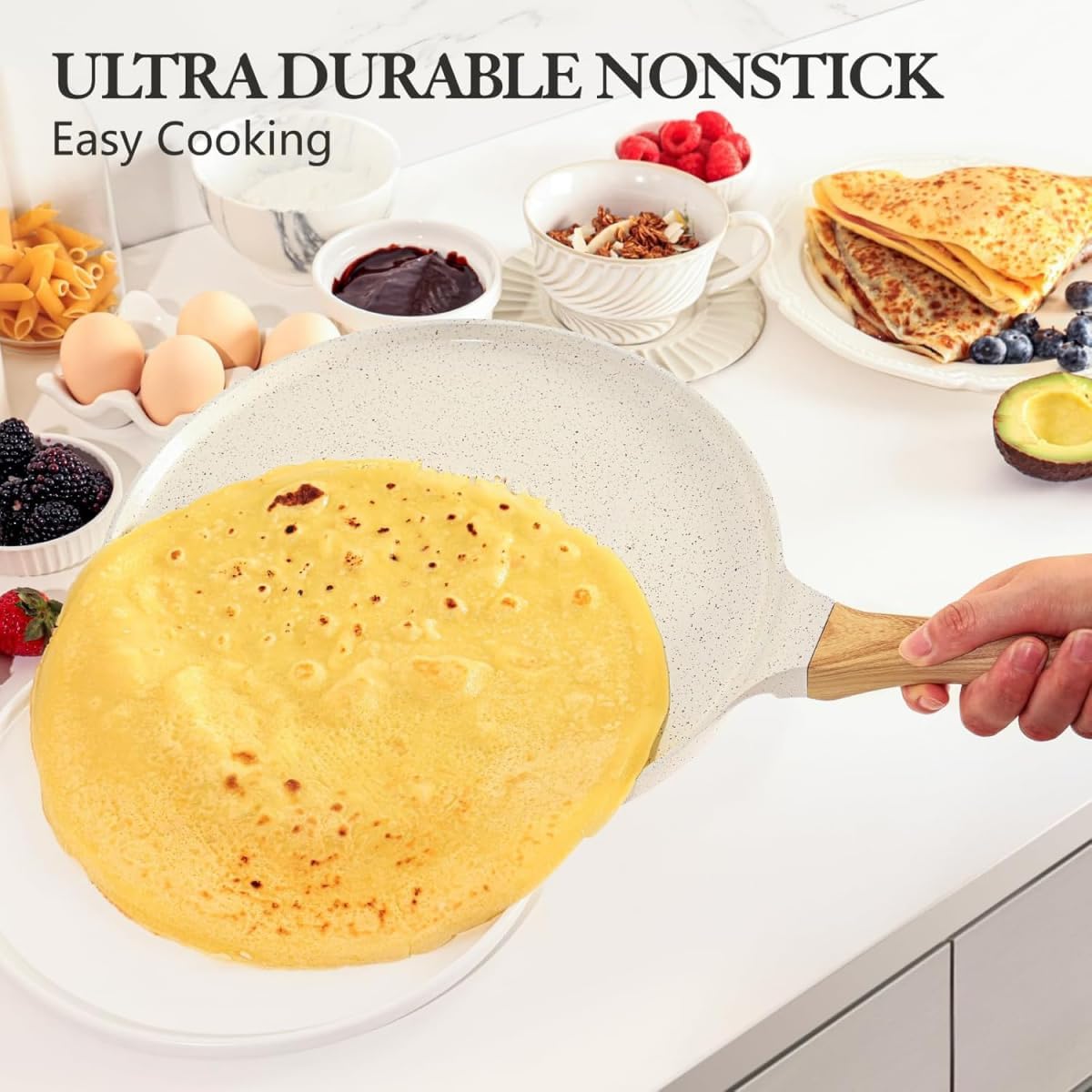 TAKE FIRE Nonstick Crepe Pan 12-Inch: Swiss Granite Coating Dosa Pan & Flat Skillet with Stay-Cool Handle, Induction Compatible