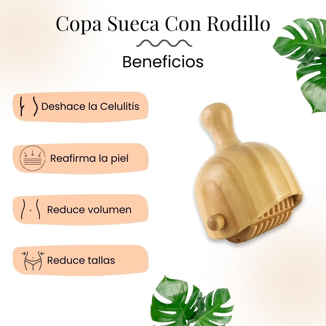 Copa Sueca con Rodillo | Maderoterapia Anticelulitis y Drenante | Copa Sueca y Rodillo para Masajes | Fabricada en Madera de Pino y Loto | Diseñada por Maderoterapia Estética España