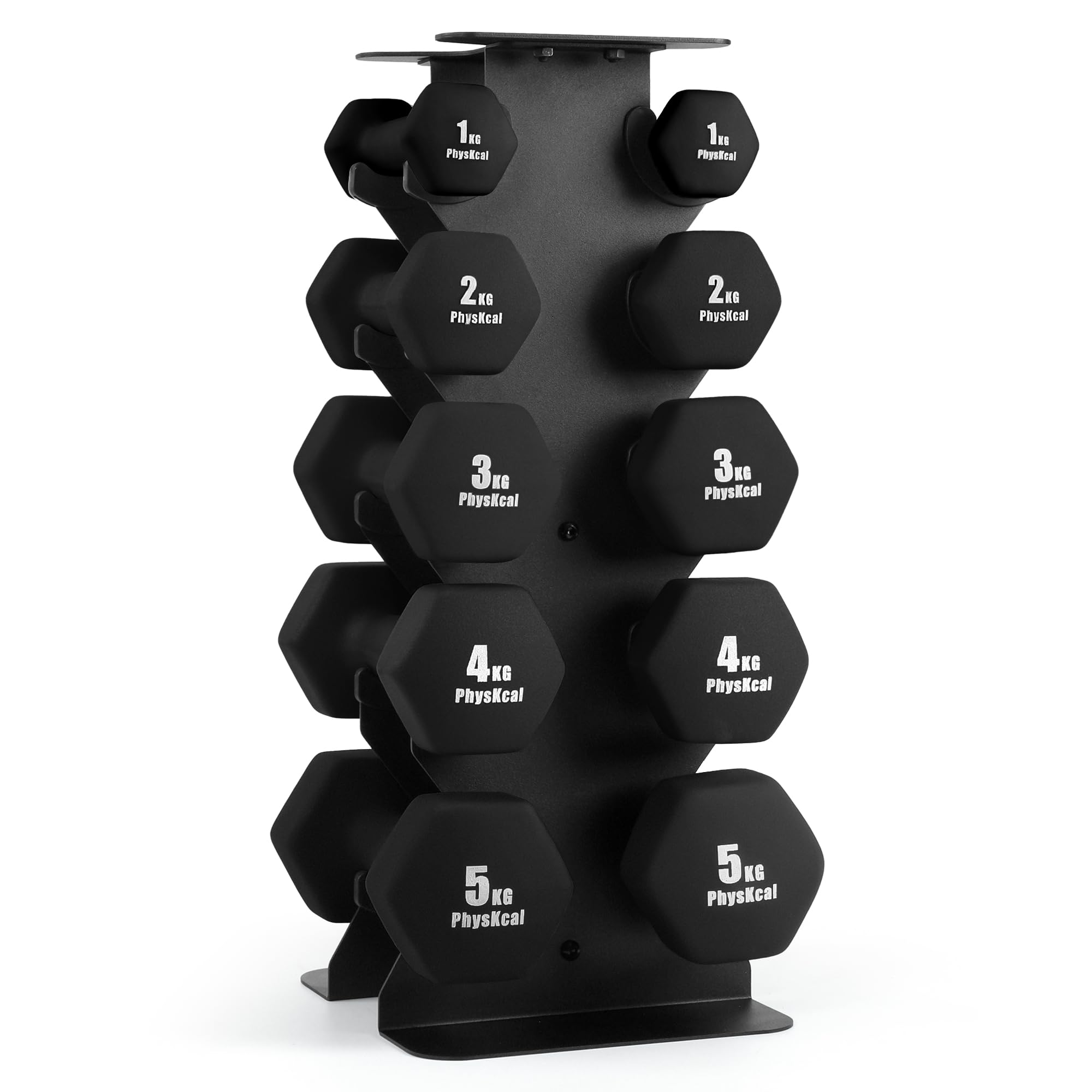 PhysKcal 30kg All Black Dumbbells Set of 5 Pairs with Storage Rack