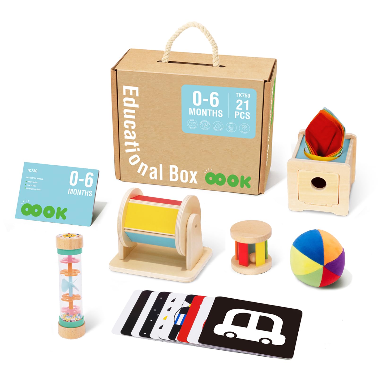 TOOKYLAND Montessori Toys for Babies 0-6 Months, 6 in 1 Learning Educational Set Newborn Toys Including Sensory Ball, Rain Stick, Baby Roller, Spinning Drum, Black and White Cards, Tissue Box.