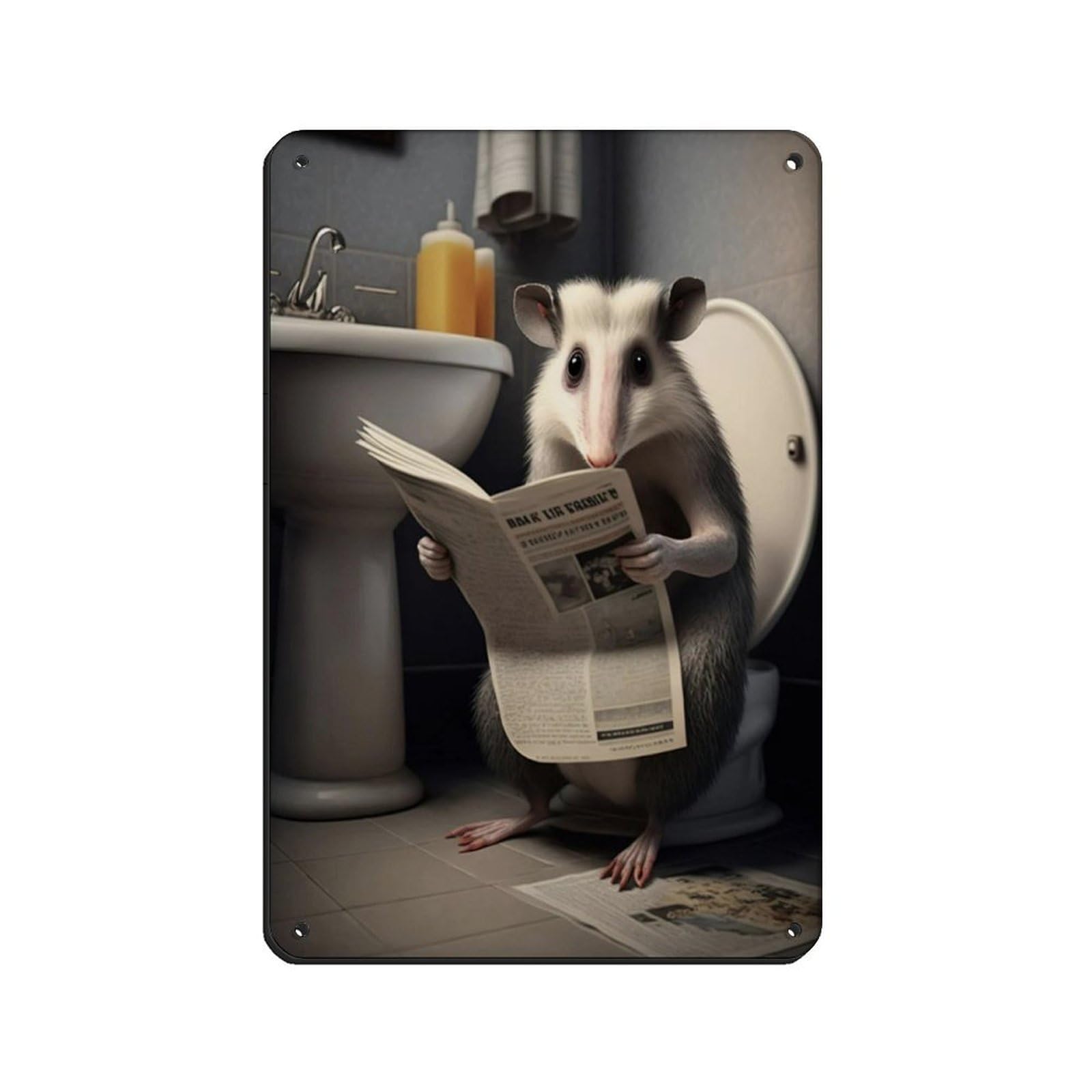 Lxwnze 20L X 30W Cm Opossum Sitting On The Toilet Reading A Newspaper Tin Sign Vintage Metal Pub Club Cafe Bar Home Wall Art Decoration Poster Retro 8X12inch(20X30cm)