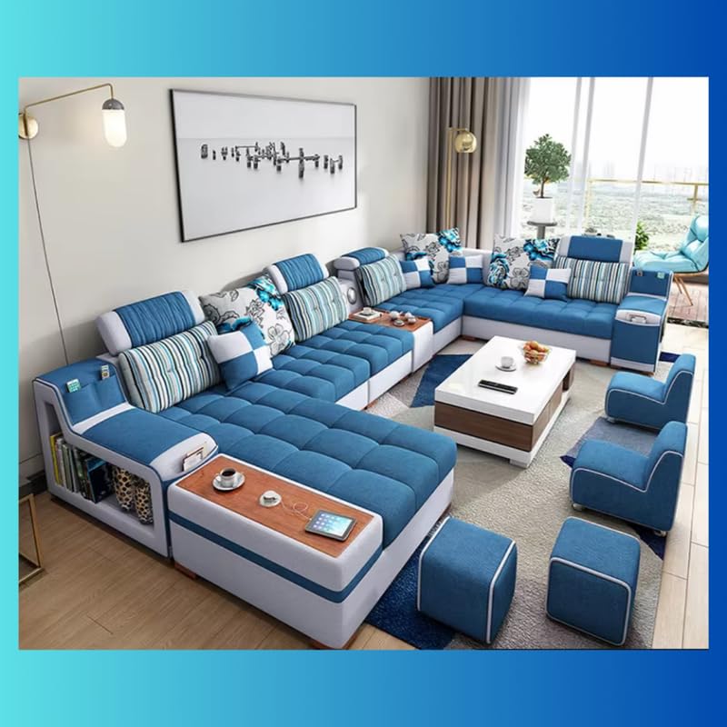 Image of Homax. Livia 12-Seater Modular U-Shape Sectional Sofa Set - Interchangeable Design, Smart Console, Bluetooth Speakers, USB Deck, Adjustable Headrests, Multi Storage | Color: N.Blue-White