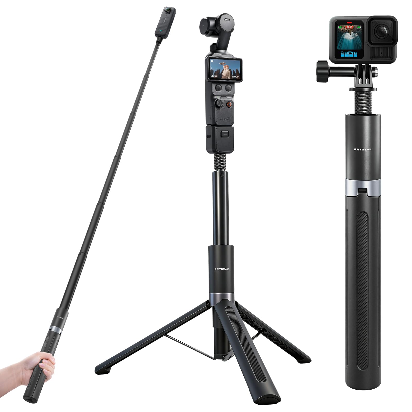 REYGEAK Perche à Selfie Invisible de 150 cm pour Appareil Photo Insta360 et 360 | Perche d'extension pour DJI Osmo Action 5 Pro/4, GoPro | Poignée étanche avec Base trépied et poignée