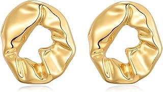 Chunky Hammered Fashion Stud Earrings for Women Girls,Circle Irregular Geometric Hoop Stud Earrings,Dainty 14K Gold Plated Thick Oval Vintage Earrings,Trendy Statement Minimalist Jewerly Gifts