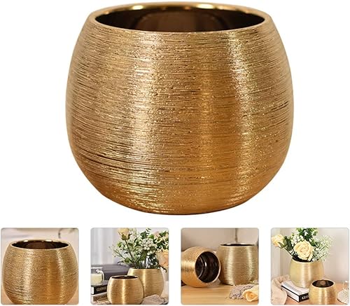 Miniatura 8 de Yardwe Jarrón redondo dorado de cerámica metálica en tono dorado, jarrón decorativo