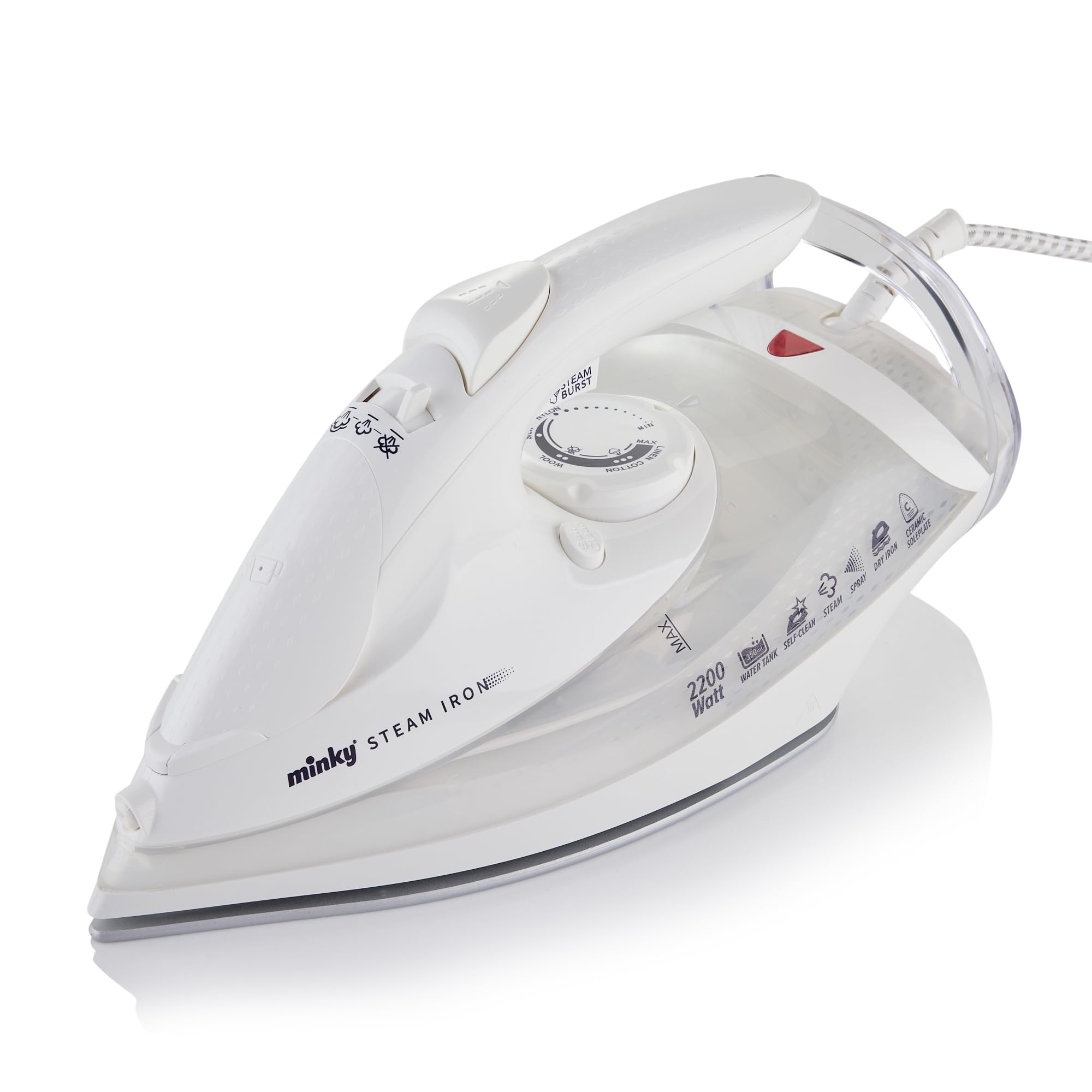 Minky White Steam Iron, Ceramic Soleplate, Self Clean, 17.2g/min Continuous Steam Rate, 2200W, 350ml Water Tank, 1.57m Cable Length, Anti-Drip Function