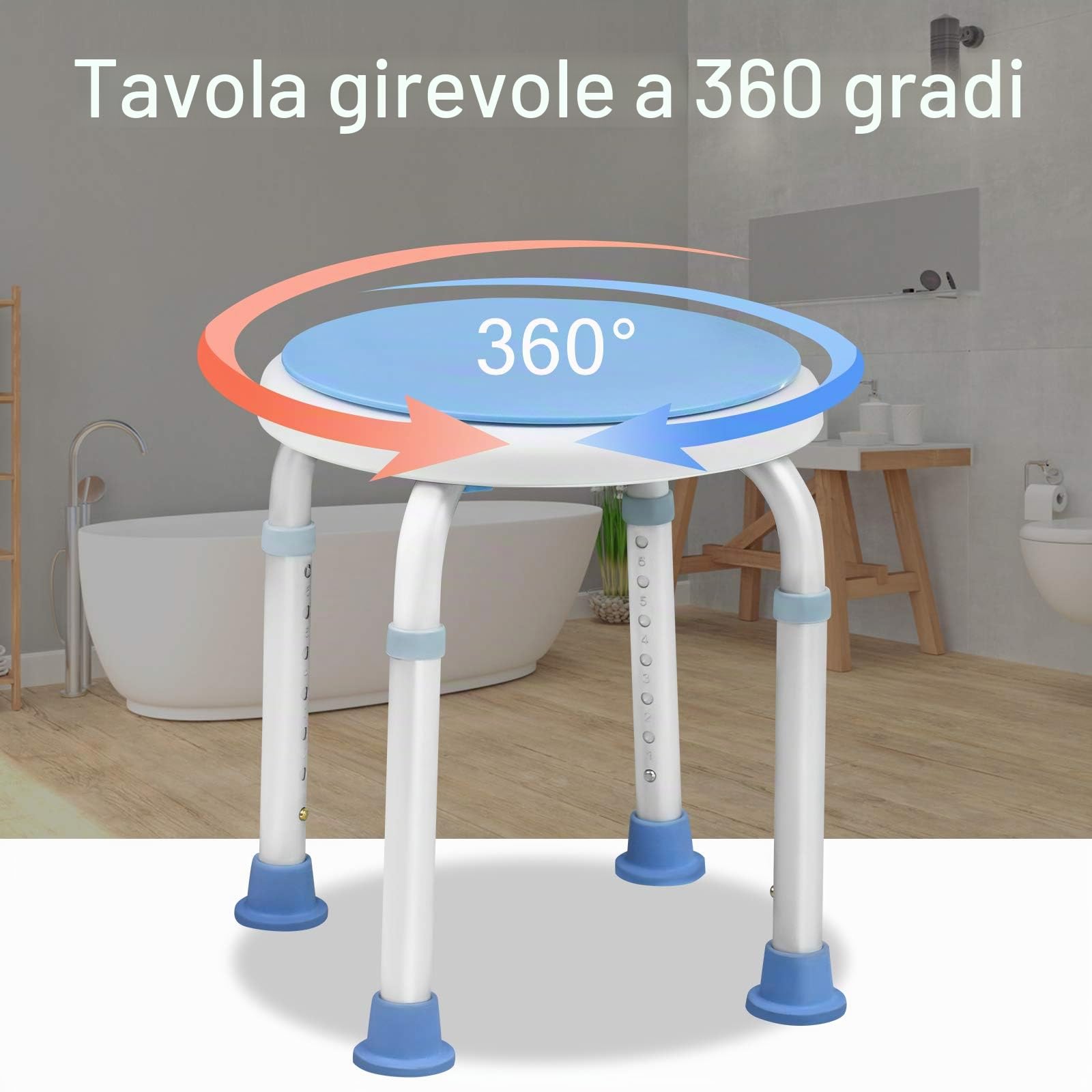 UISEBRT Sgabello da doccia girevole a 360°, regolabile in altezza, per doccia e bagno, antiscivolo, con ventosa, manico per vasca da bagno (sedia + maniglia)