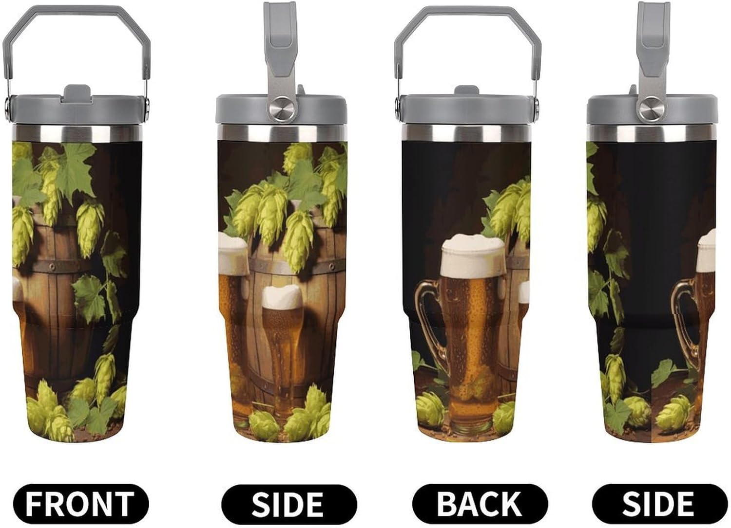 30oz Insulated Tumblers with Top Handle, Stainless Steel Beer And Hop Cones Car Cup with Straw for Gift, Leak-Proof Double Wall Vacuum Travel Mug, Personalized Water Bottles White