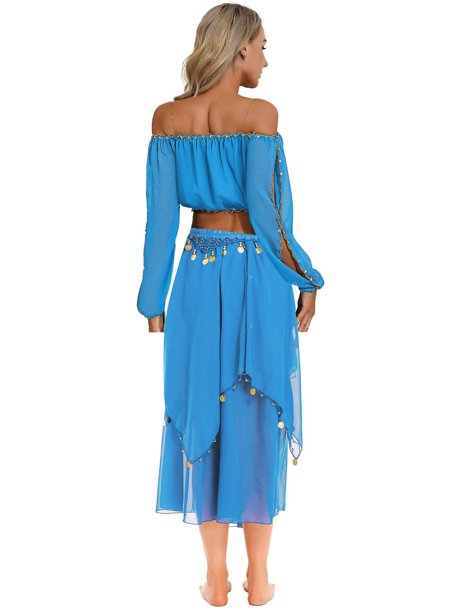 Ensemble De Costume De Danse du Ventre pour Femmes Haut Court À Manches Longues avec Jupe en Mousseline Robe Danse du Ventre Tenue Danseuse Orientale