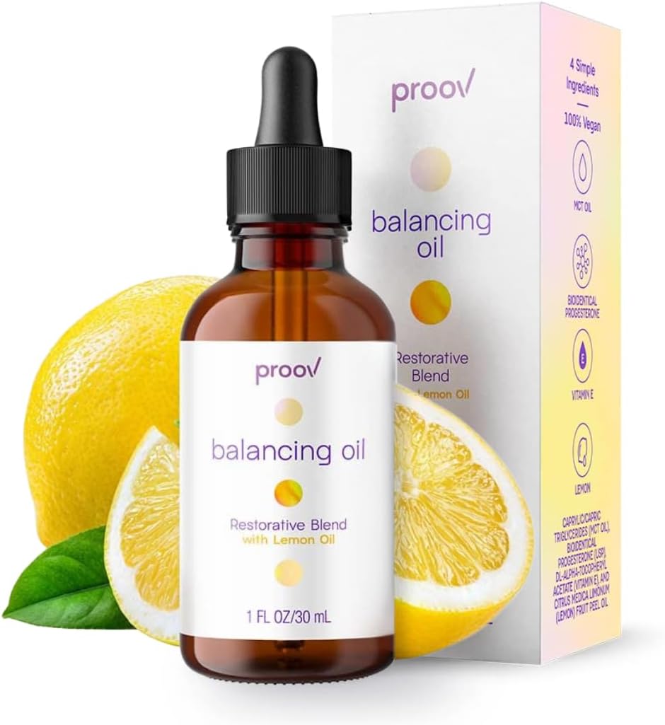 Proov Balancing Oil for Face and Body with 2500 mg bio-Identical USP Natural Progesterone, MCT Oil and Vitamin E Oil (and Lemon Oil) l Dry Skin & Menopause Support for Women | 1 Fluid oz/30mL