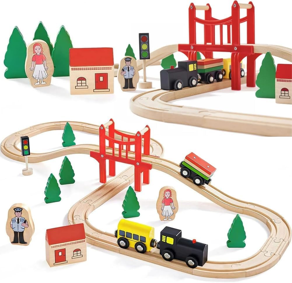 TOLIVING Wooden Train Set for Toddler, 39 Pcs Wooden Train Tracks, Bridge & Double-Side Trains Toy Fits Brio, Thomas, Melissa and Doug, Kids Gift Toys for 3 4 5 Years Old Boys Girls
