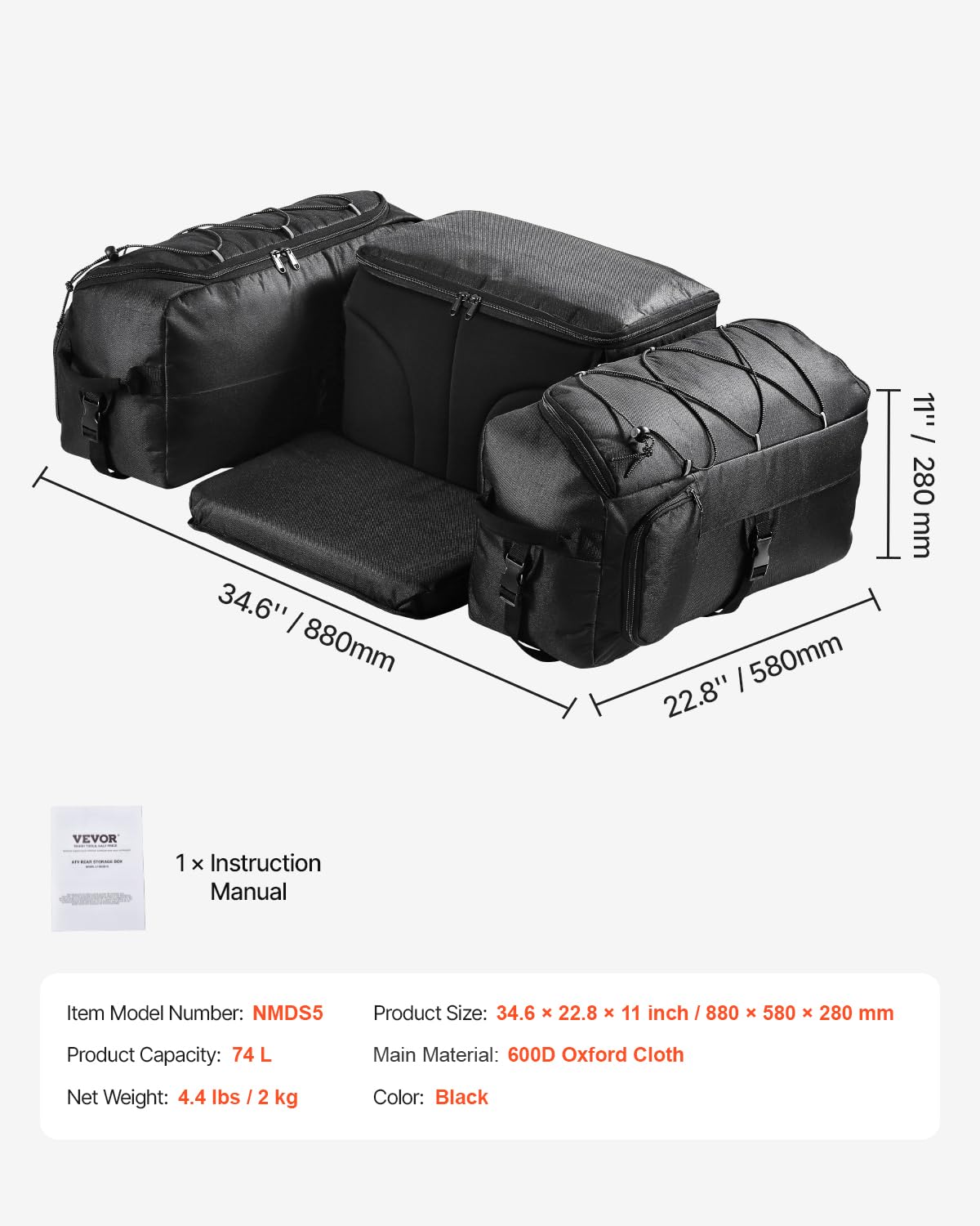 VEVOR Bolsa de Almacenamiento Trasera para ATV 74 L con Bolsa Térmica Aislante, de Tela Oxford 600D, con Portaequipaje Trasero, Compatible con Vehículos ATV, UTV y Can-Am, 880 x 580 x 280 mm
